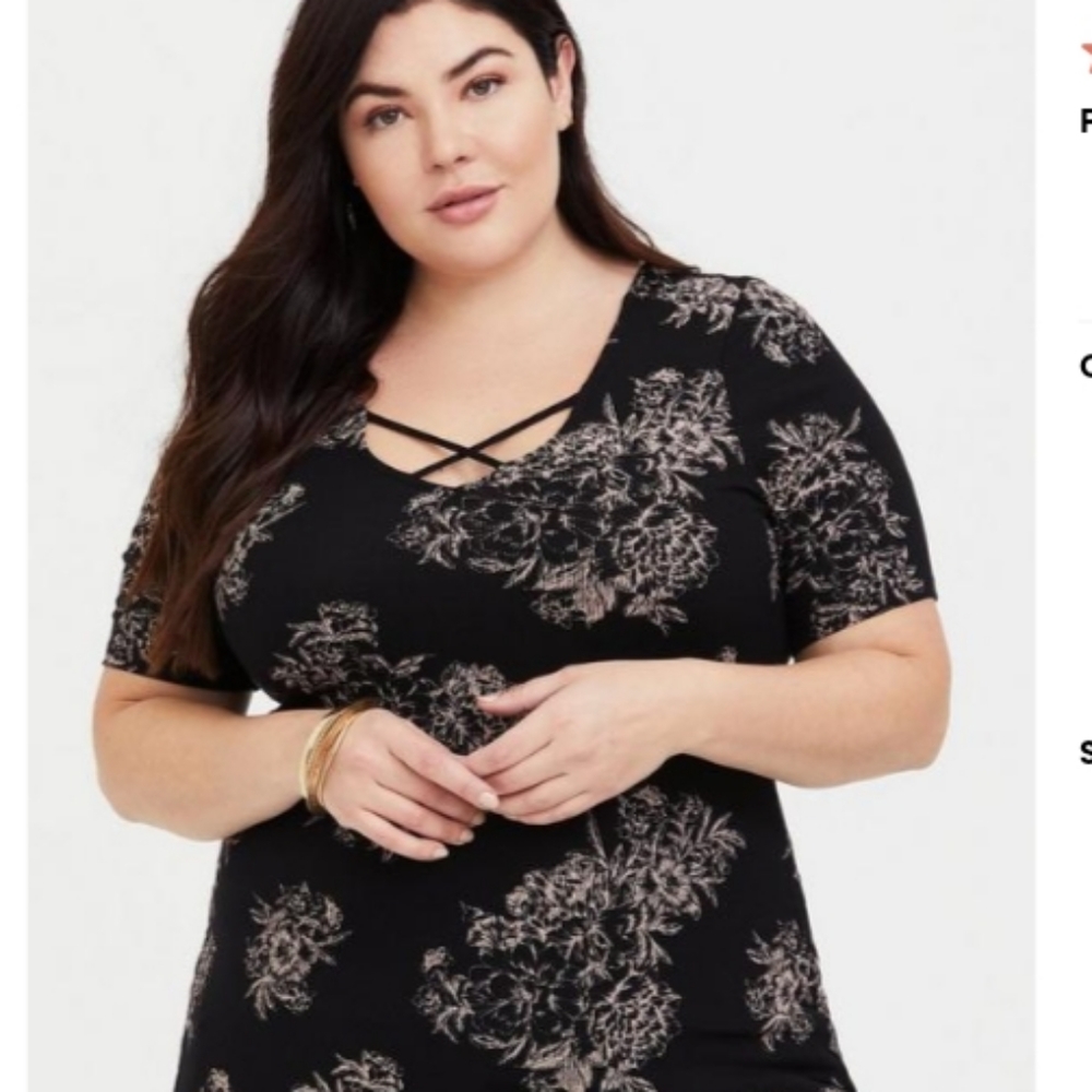 Torrid Super Soft Rib Strappy V-Neck Tee Black Floral 2